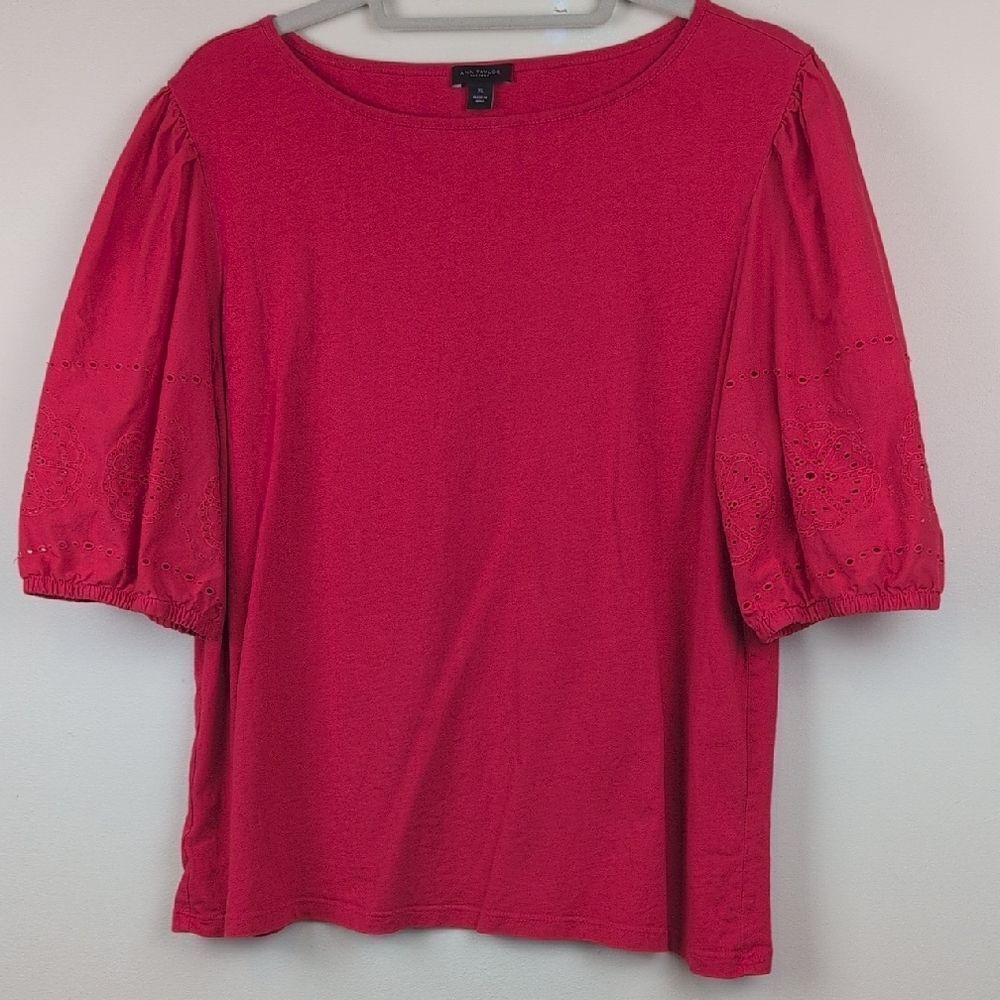 Ann Taylor Red Cotton Top with Eyelet Balloon Sleeves Size XL